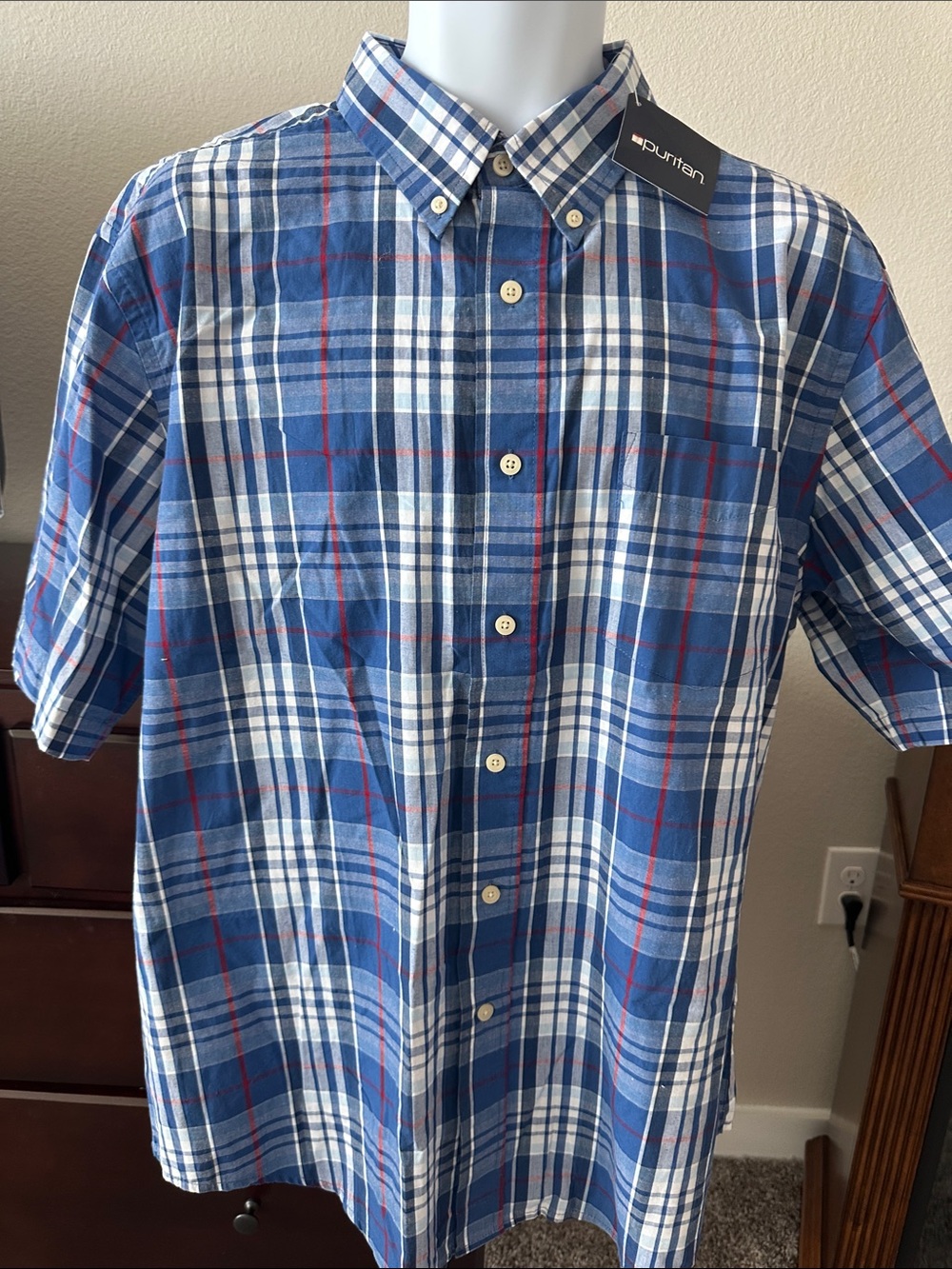 Puritan Blue Plaid Short Sleeve Button-Down Shirt Large 60% Cotton 40% Polyester